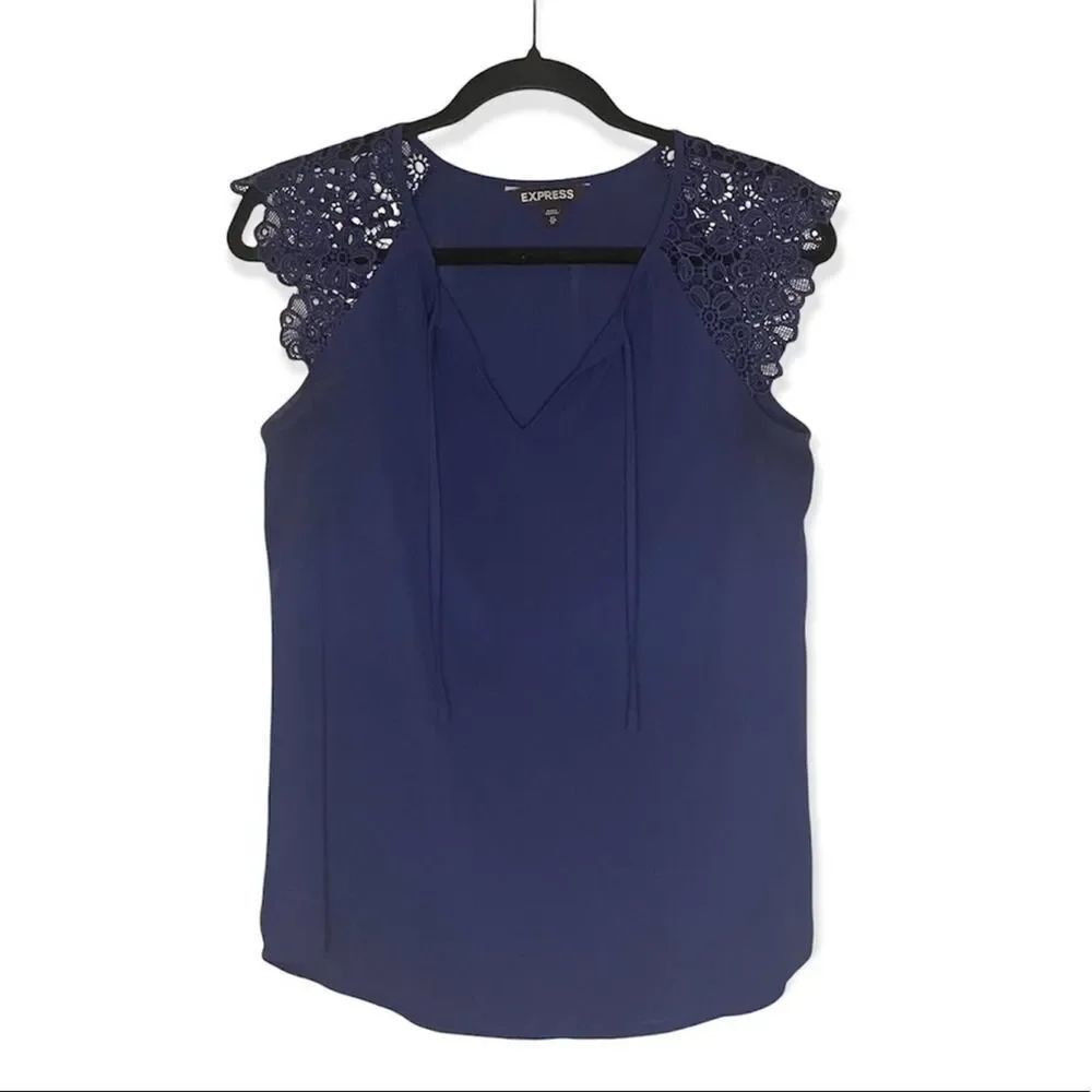 Express Lace Flutter Sleeve Blouse Blue XS